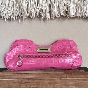 Y2K MAXX New York Pink Croc Embossed Leather Silver Hardware Clutch Bag
